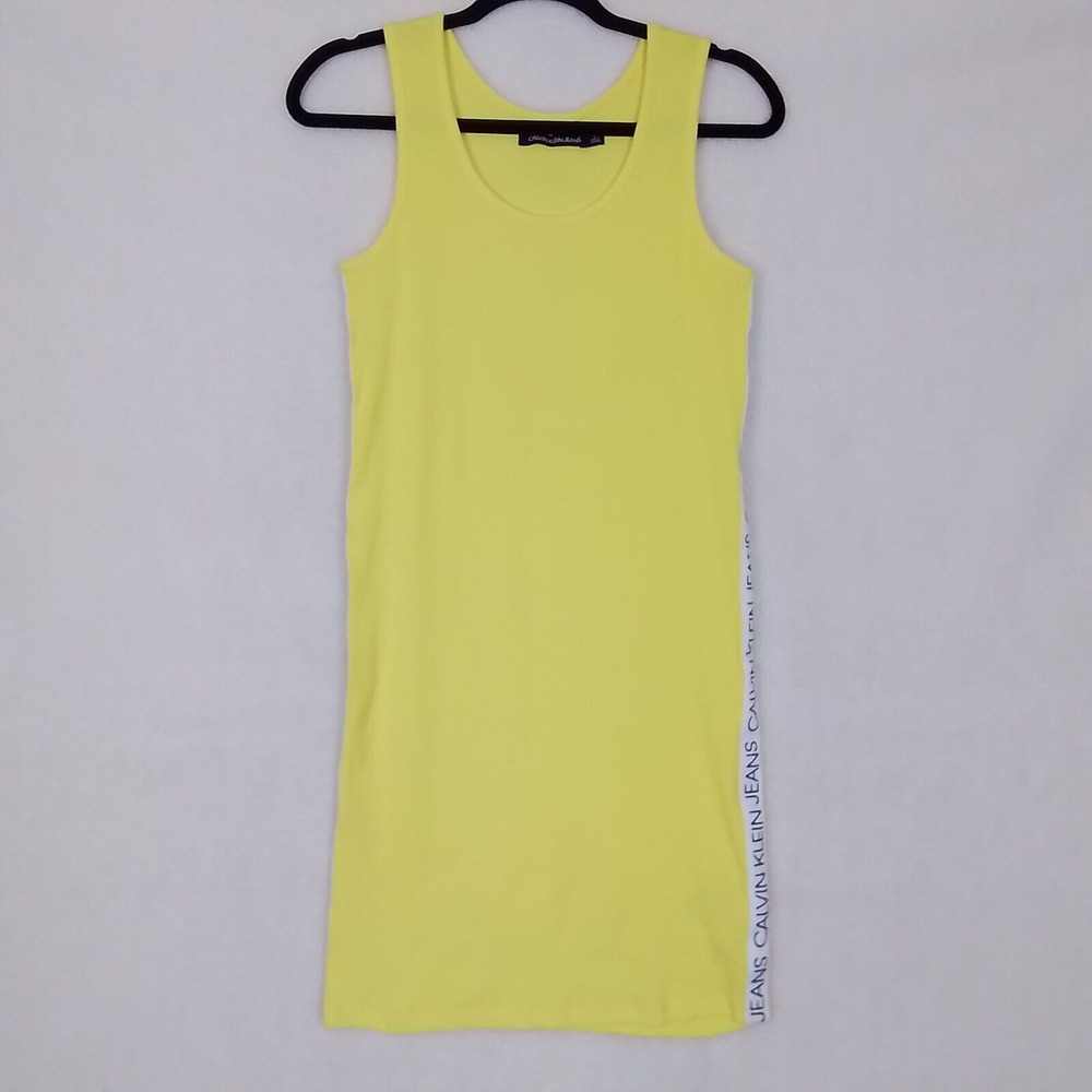 Calvin Klein Ribbed‎ Tank Dress Size M in Lemon Yellow w/ Logo Racer Stripes